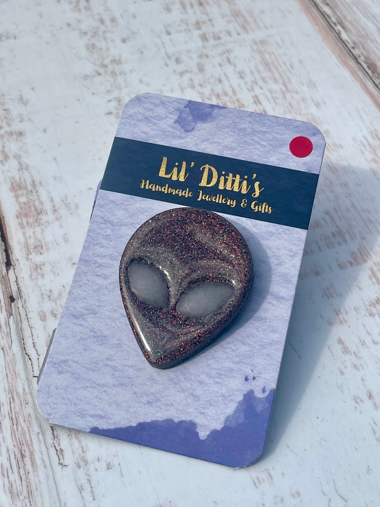Alien Head Pin - glow in the dark polymer clay