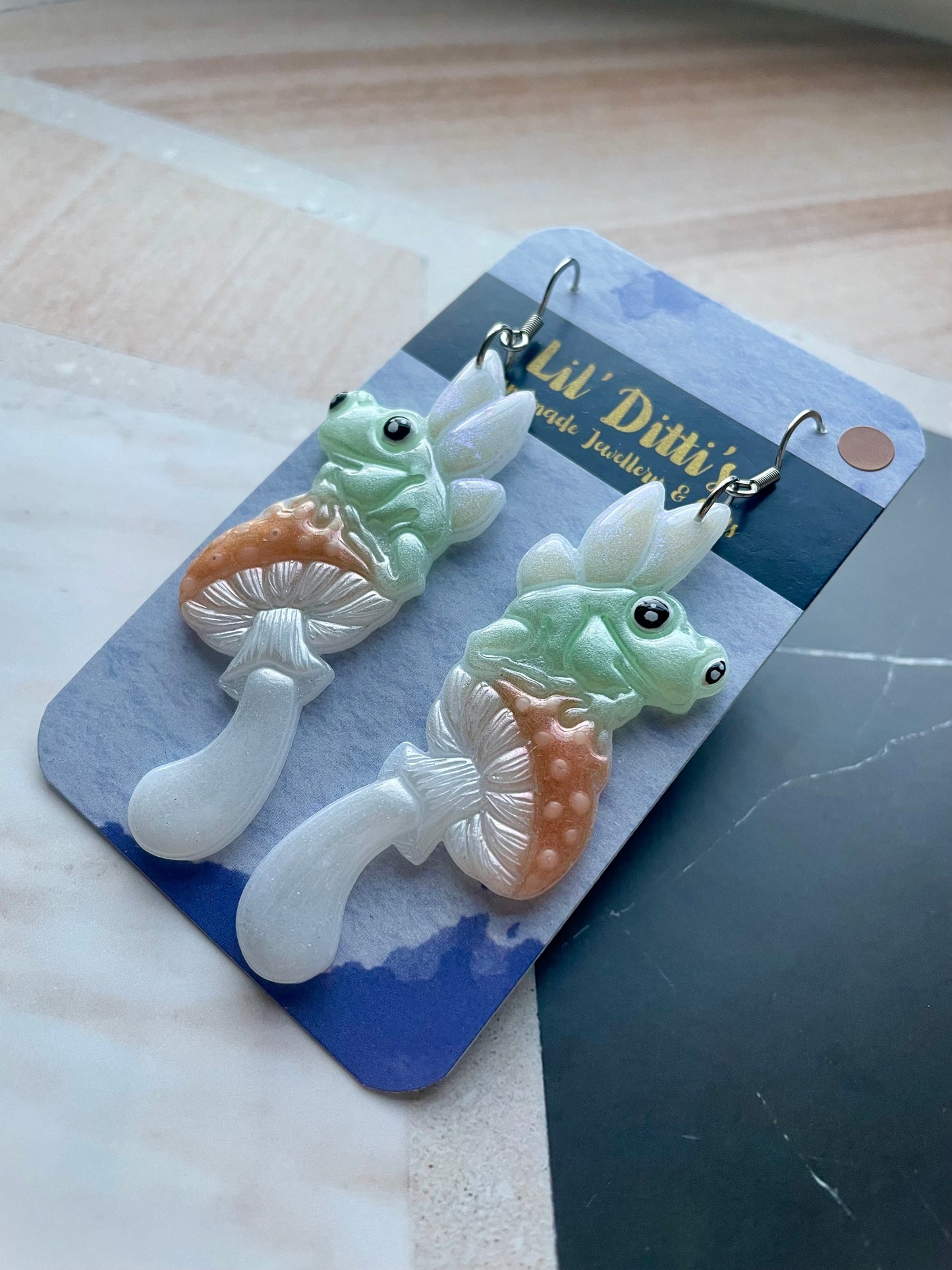 Frog fairies on toadstools - polymer clay earrings