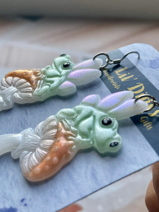Fairy Frogs on Toadstool Earrings - handmade polymer clay
