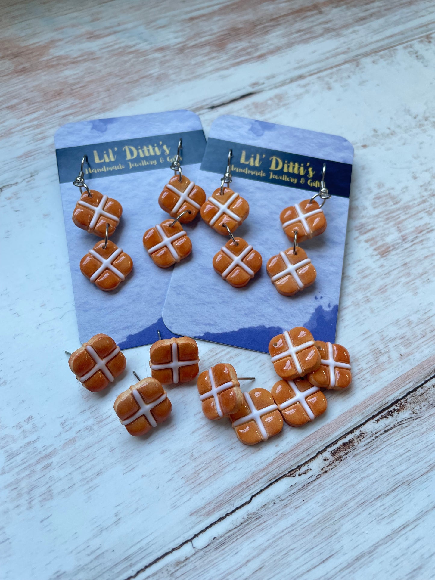 Hot Cross Bun earrings - handmade polymer clay