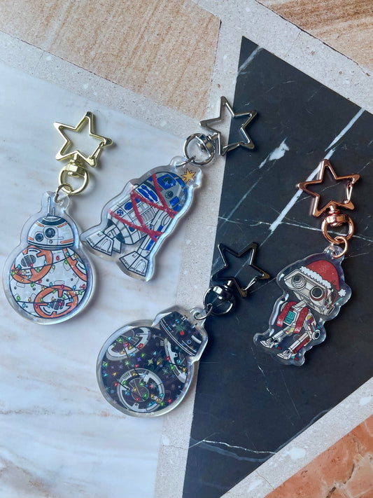 Xmas space droid keychains - starry holographic epoxy keychains
