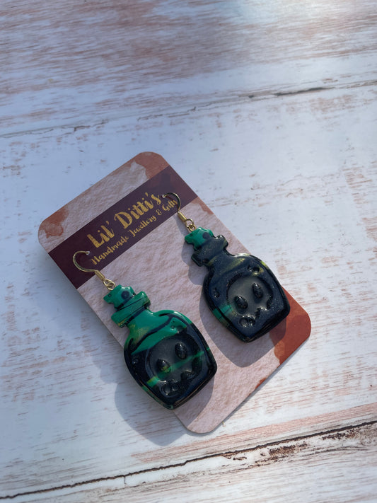 Glow in the dark poison bottle earrings - handmade polymer clay