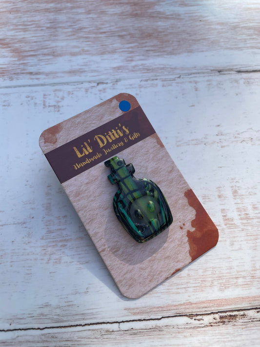 Glow in the dark poison bottle pins - handmade polymer clay