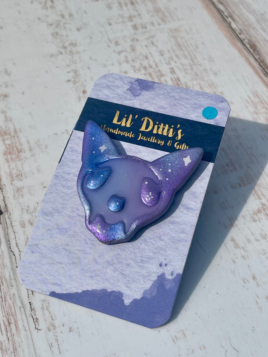 Cat Skull Pin - glow in the dark polymer clay